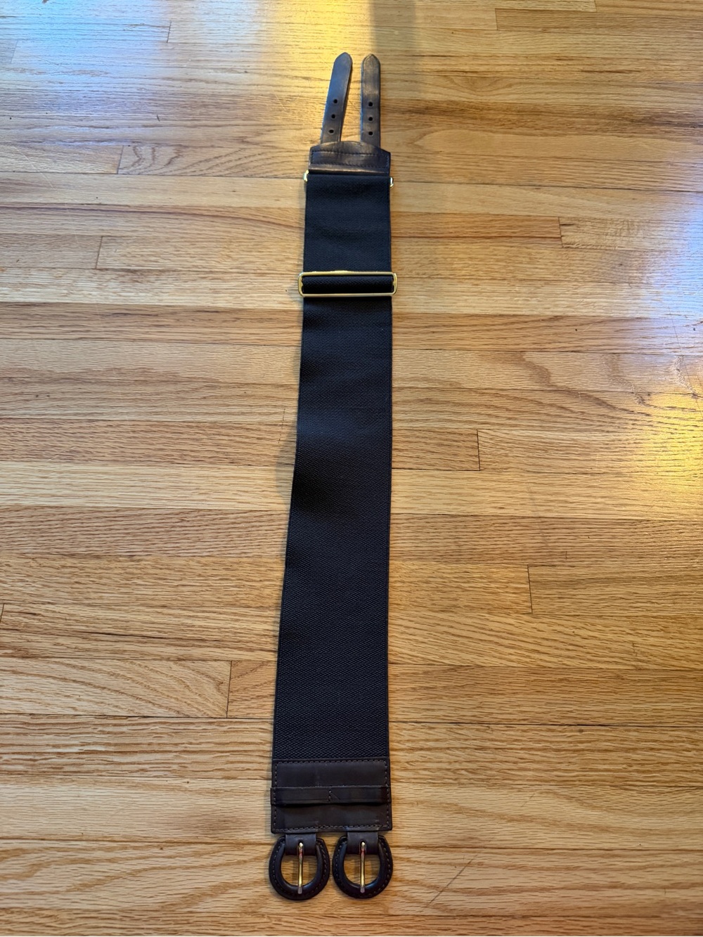 Theory Brown Wide Leather-Trim Belt with Gold Hardware- Small